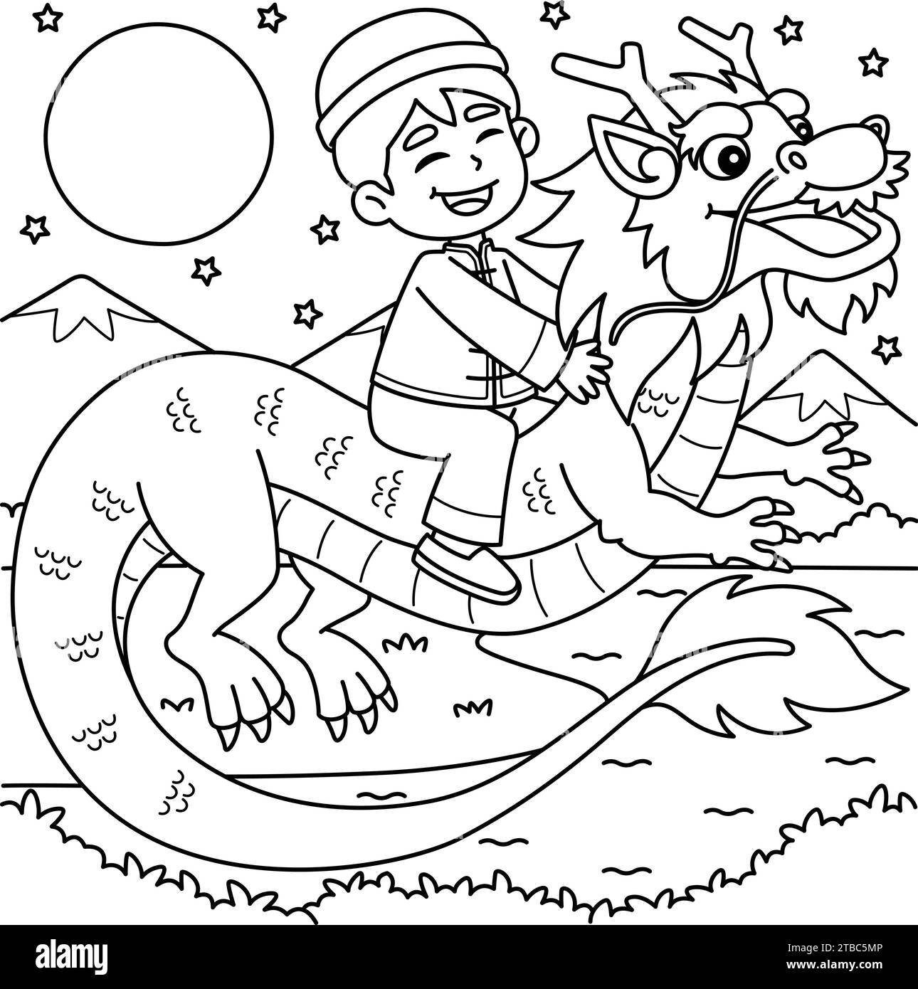 Year of the Dragon Boy Riding a Dragon Coloring Stock Vector Image ...