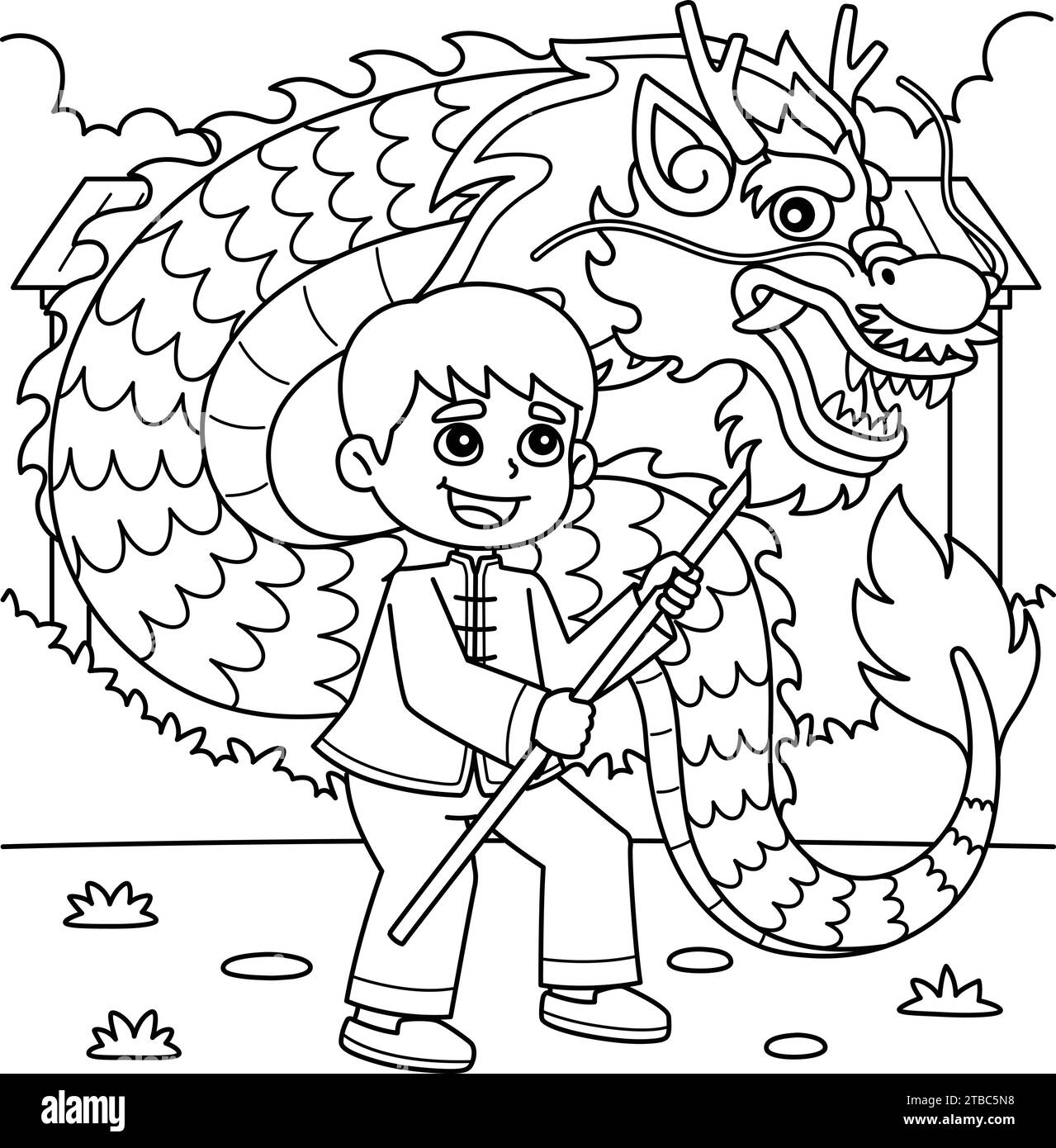 Year of the Dragon Dance Kids Coloring Page  Stock Vector