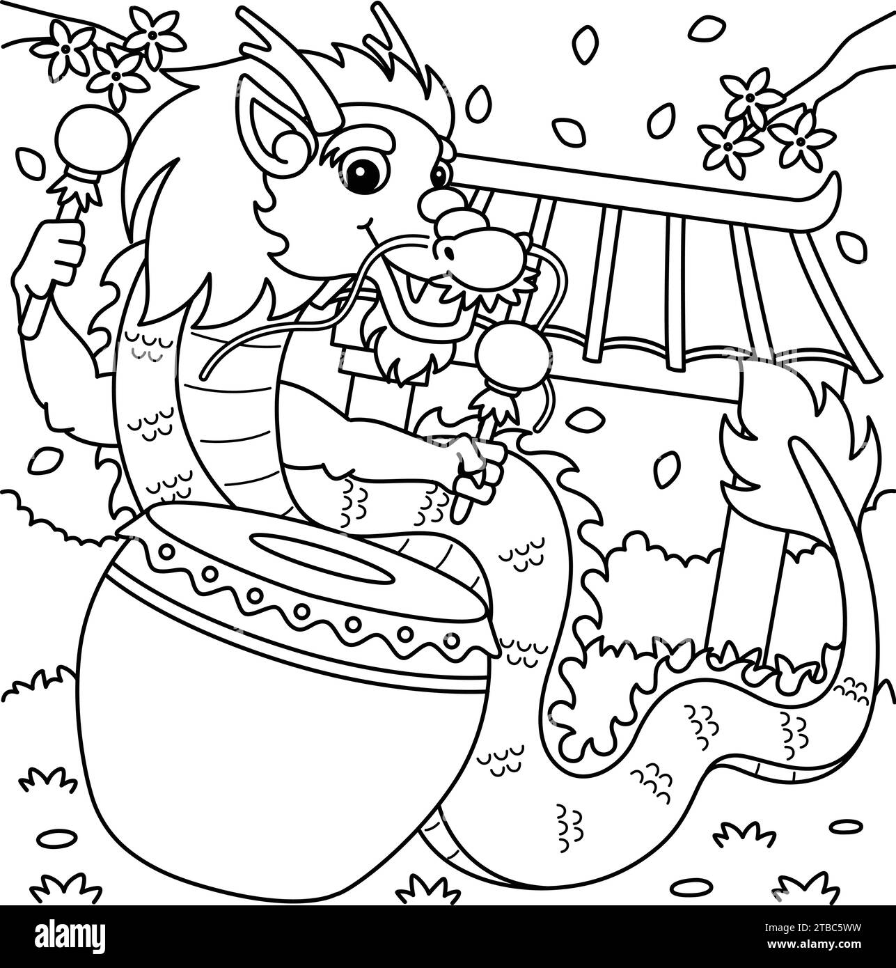 Year of the Dragon Playing Drums Coloring Page Stock Vector Image & Art