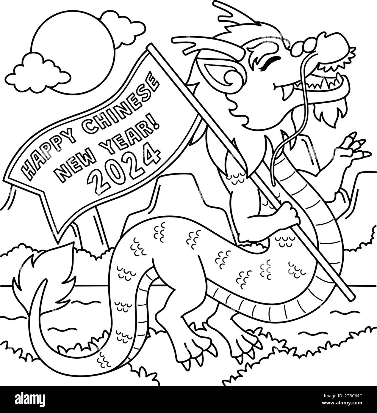 Year of the Dragon Holding a Flag Coloring Page Stock Vector Image ...