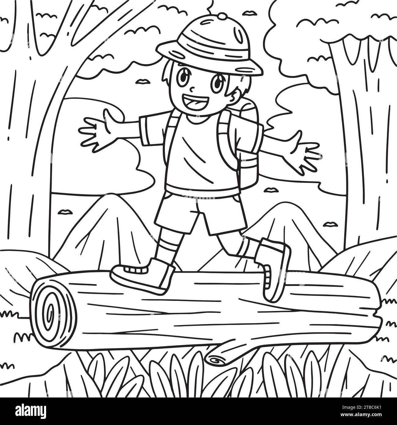 Camping Camper Crossing Log Bridge Coloring Page Stock Vector Image