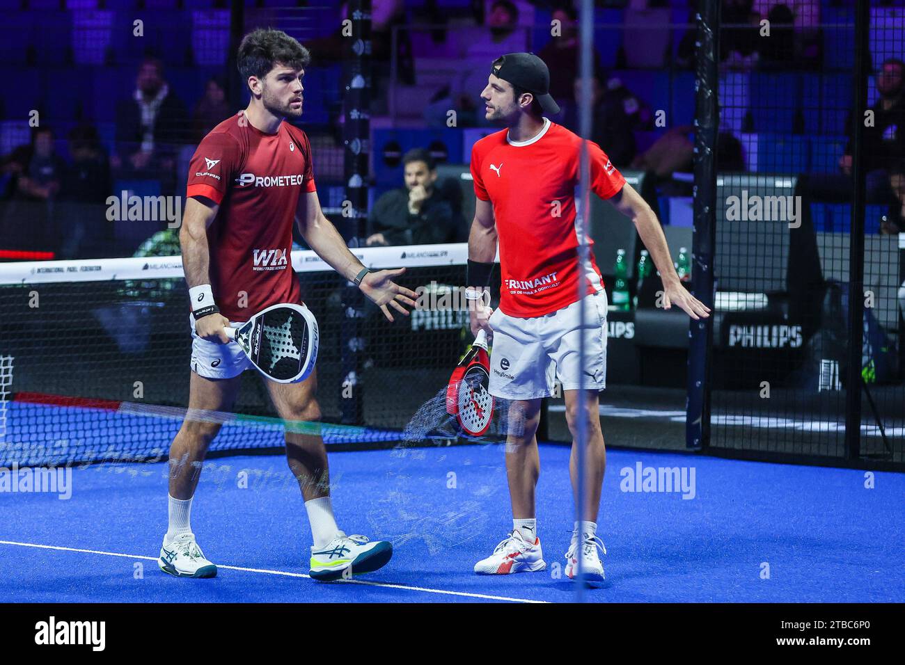 Milan, Italy. 05th Dec, 2023. (L-R) Garrido Javier (ESP) celebrates with Gonzalez Jeronimo (ESP) during Milano Premiere Padel P1 at Allianz Cloud Arena. Credit: SOPA Images Limited/Alamy Live News Stock Photo