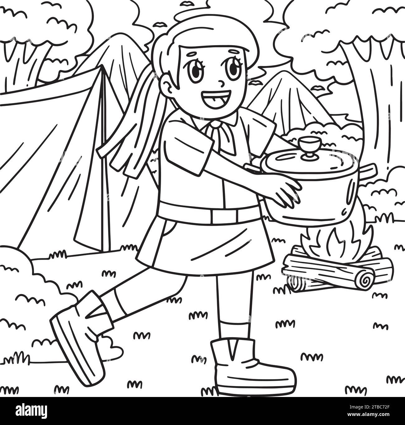 Camping Girl Scout Camper Coloring Page for Kids Stock Vector