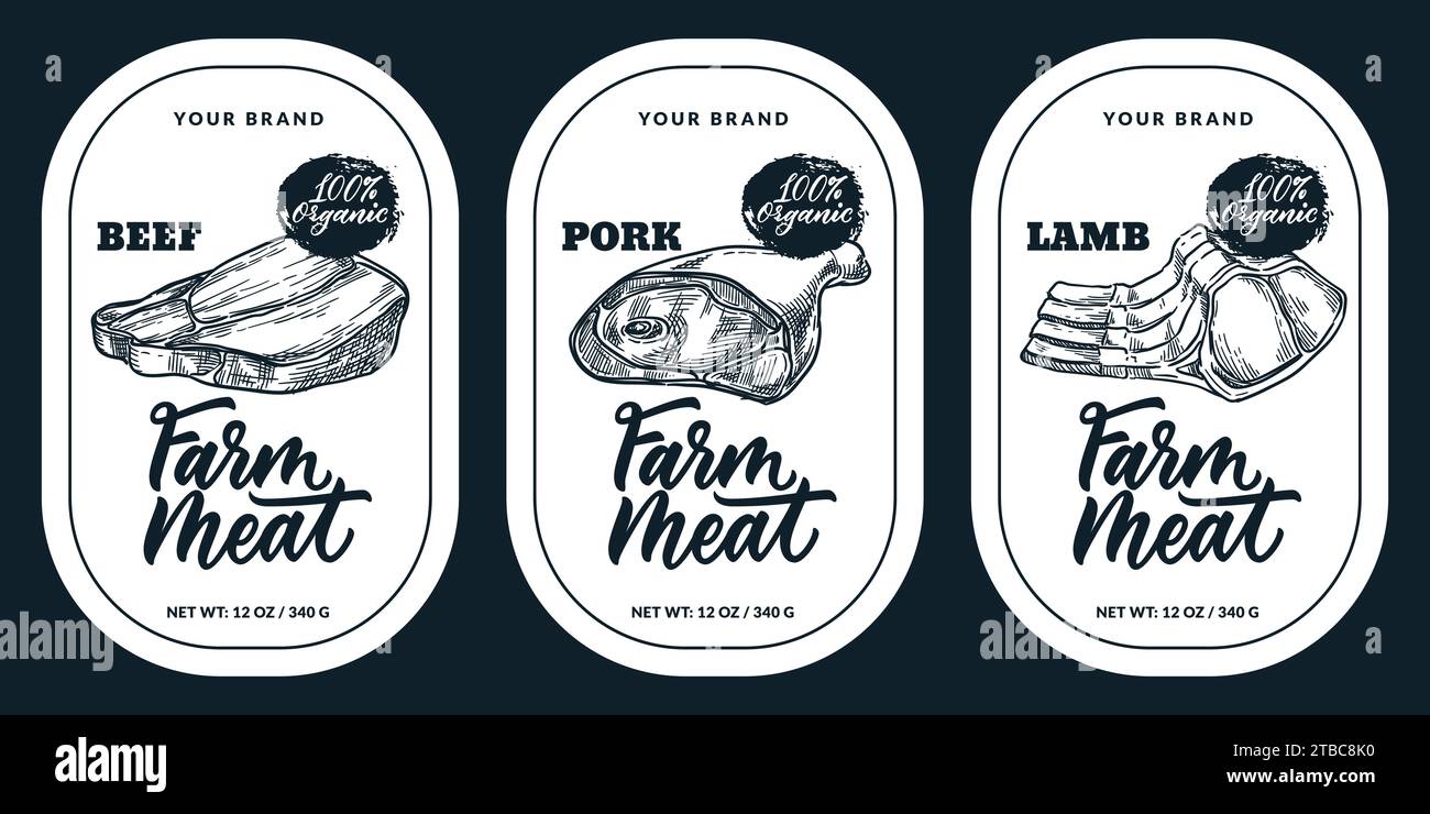Farm fresh meat products package label or sticker template. Vector hand drawn sketch illustration of beef, pork, lamb and calligraphy lettering. Food Stock Vector