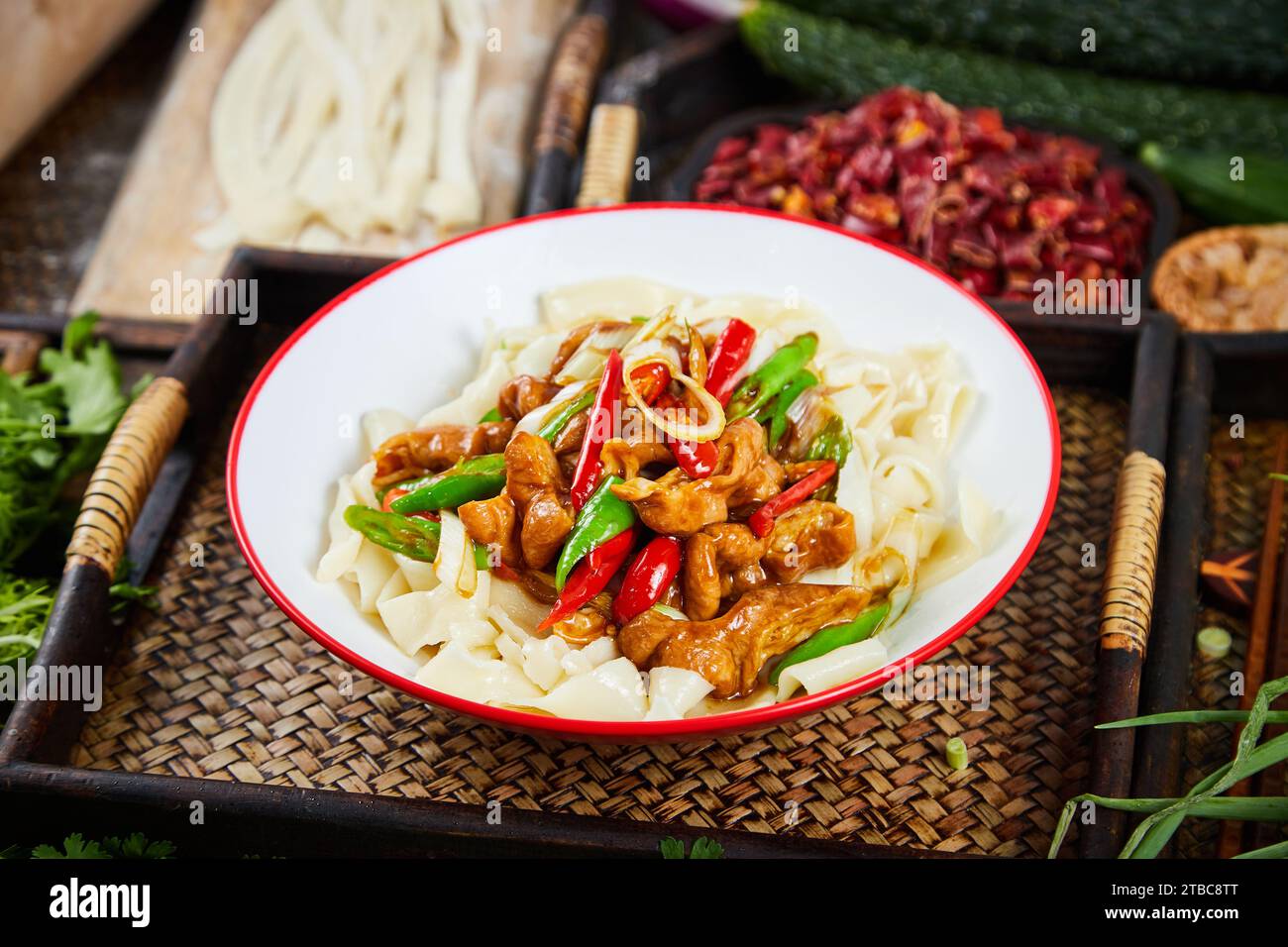 noodle with pork intestines Scallion Oil, biang biang noodles Stock Photo