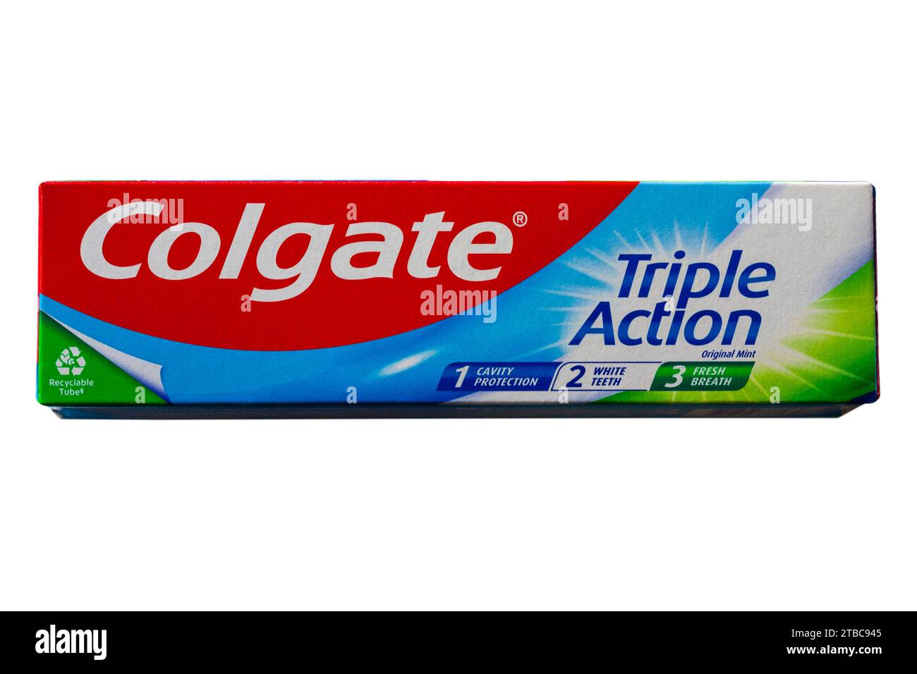 Box of Colgate Triple Action original mint toothpaste isolated on white