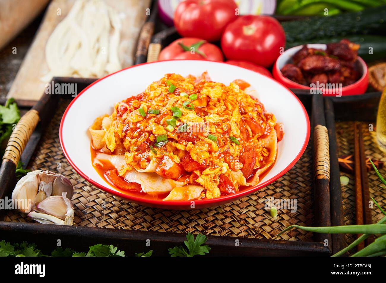 Fried Egg with Tomato and noodle with Scallion Oil, biang biang noodles Stock Photo