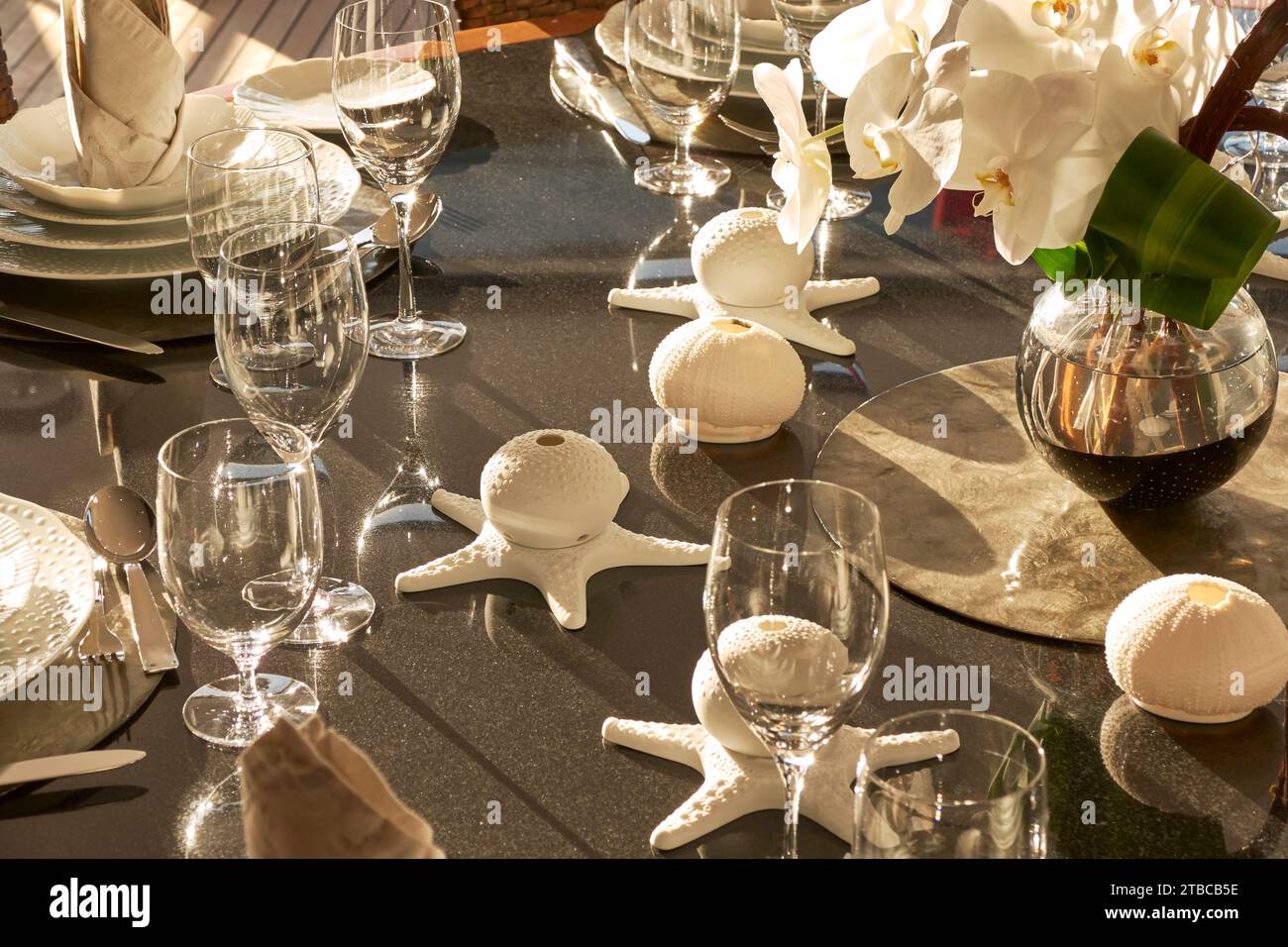 Luxury yacht charter table setting with flowers,wine glasses and marine