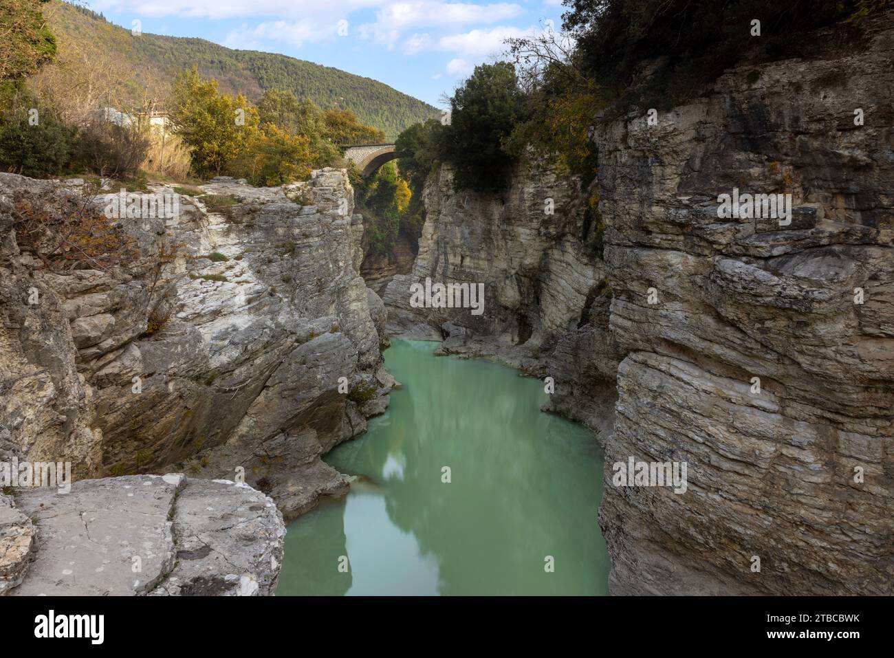 Marmitte dei Giganti, a natural canyon carved by the Metauro River in Fossombrone, Marche, Italy. Stock Photo