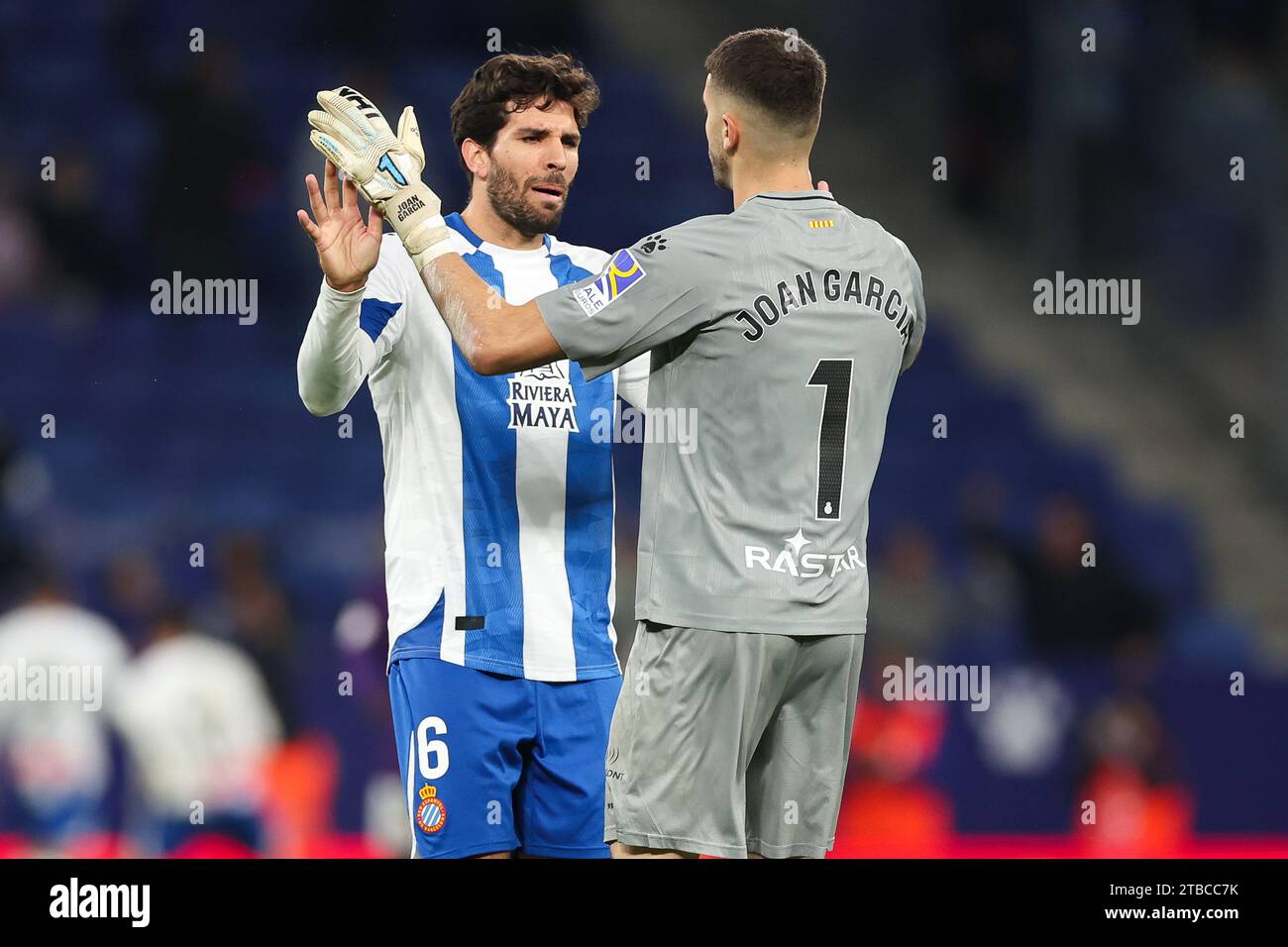 Barcelona, Spain. 05th Dec, 2023. Leandro Cabrera of RCD Espanyol with Joan Garcia of RCD Espanyol during the Spanish Copa del Rey match between RCD Espanyol and Real Valladolid at Stage Front Stadium in Barcelona on December 05, 2023. Credit: DAX Images/Alamy Live News Stock Photo