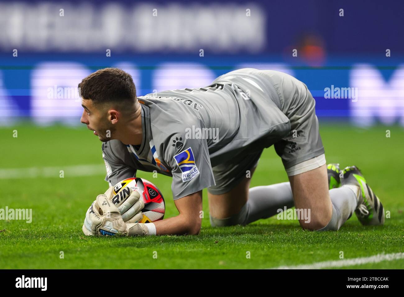 Barcelona, Spain. 05th Dec, 2023. Joan Garcia of RCD Espanyol with the ball during the Spanish Copa del Rey match between RCD Espanyol and Real Valladolid at Stage Front Stadium in Barcelona on December 05, 2023. Credit: DAX Images/Alamy Live News Stock Photo