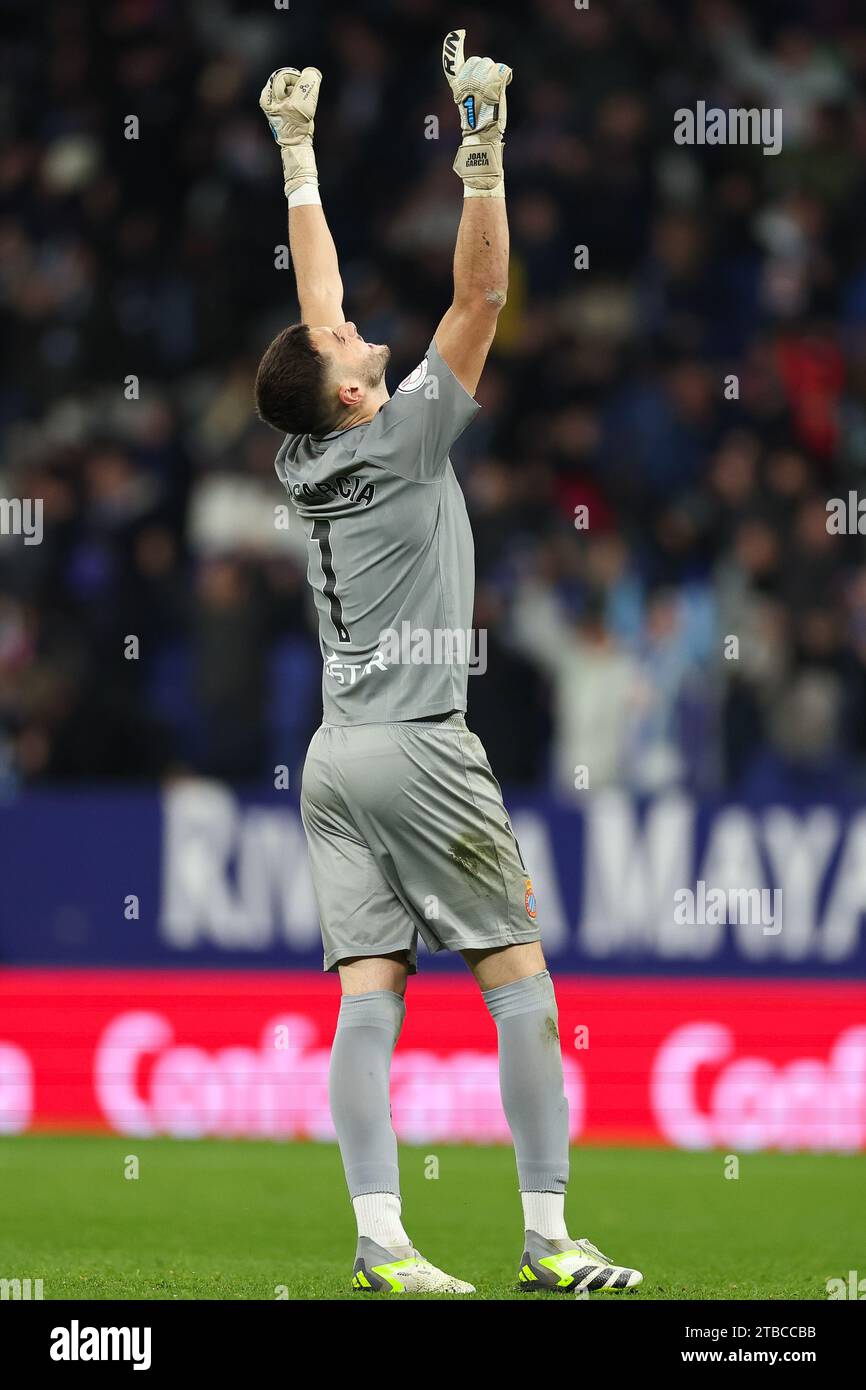 Joan Garcia of RCD Espanyol celebrates the second goal during the Spanish Copa del Rey match between RCD Espanyol and Real Valladolid at Stage Front Stadium in Barcelona on December 05, 2023. Stock Photo