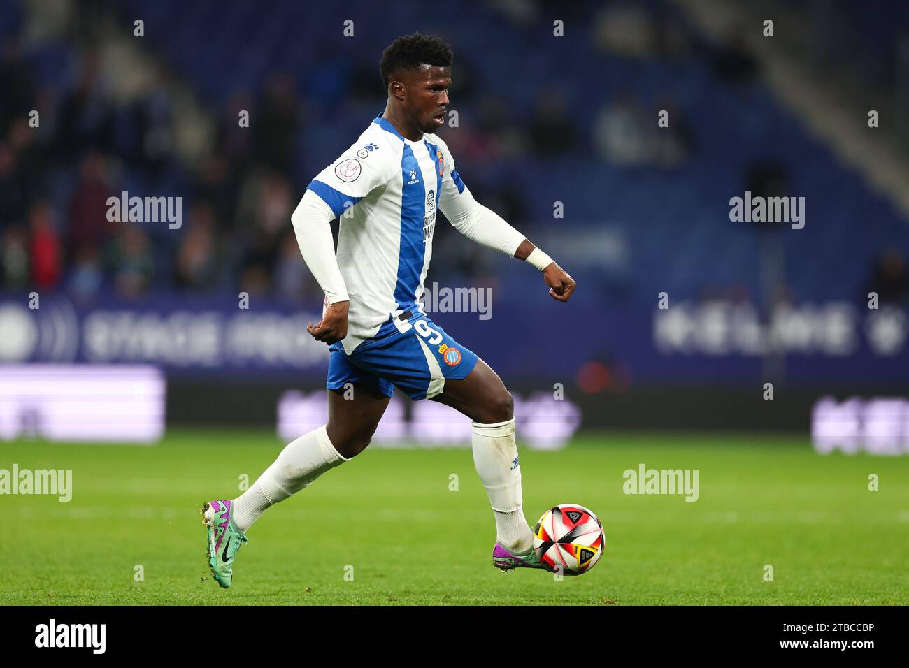 Keita Balde of RCD Espanyol controls the ball during the Spanish Copa del Rey match between RCD Espanyol and Real Valladolid at Stage Front Stadium in Barcelona on December 05, 2023. Stock Photo