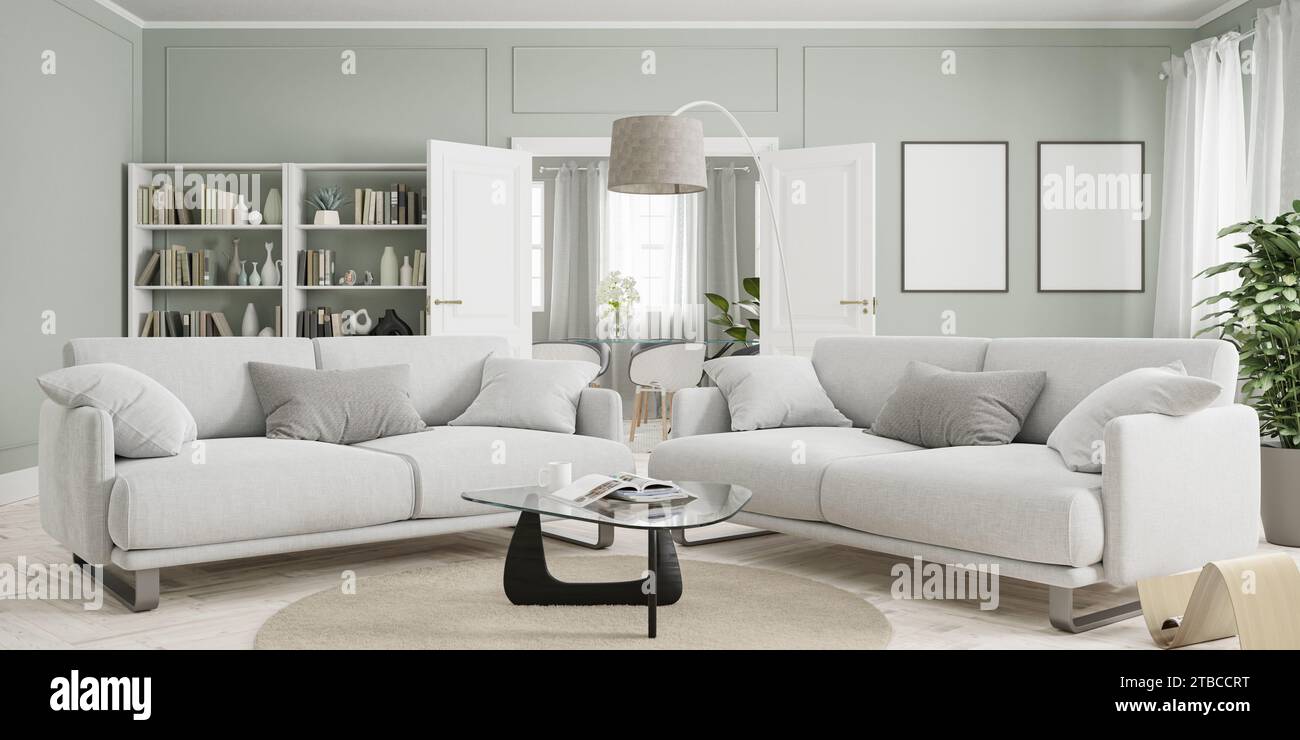 Living room with two sofas, book shelf and an adjacent dining room. Two blank picture frames in 70x100cm. ArchViz 3d render. Stock Photo