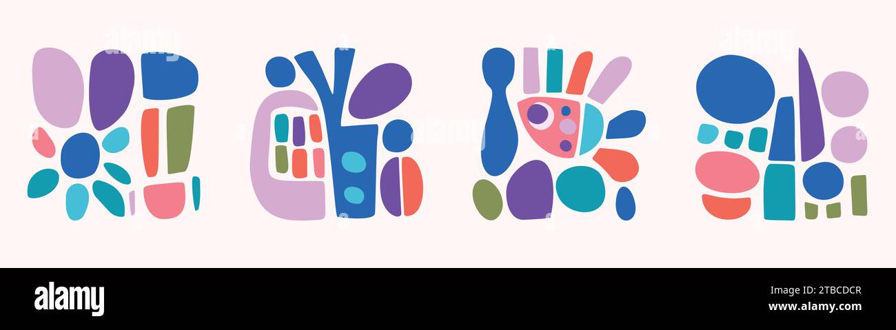 Quirky childrens monster illustration set in hand drawn cheerful shape style. Flat elements of vector doodles for playful kindergarten minimal art.  Stock Vector