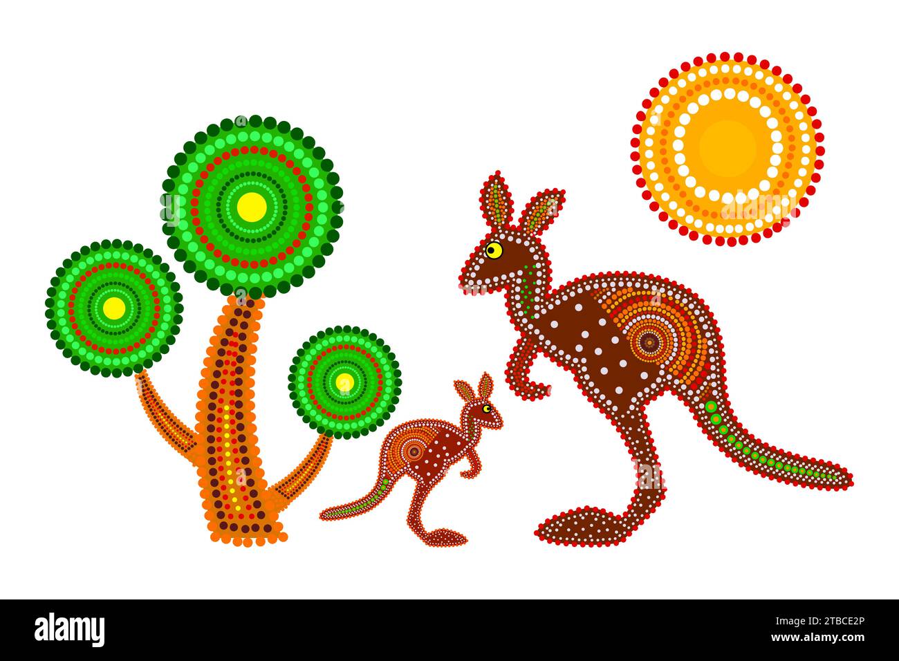 Two kangaroos, tree and sun in decorative ethnic style.Aboriginal tribal styled kangaroo.Australia aboriginal traditional culture art style of dot. Stock Vector