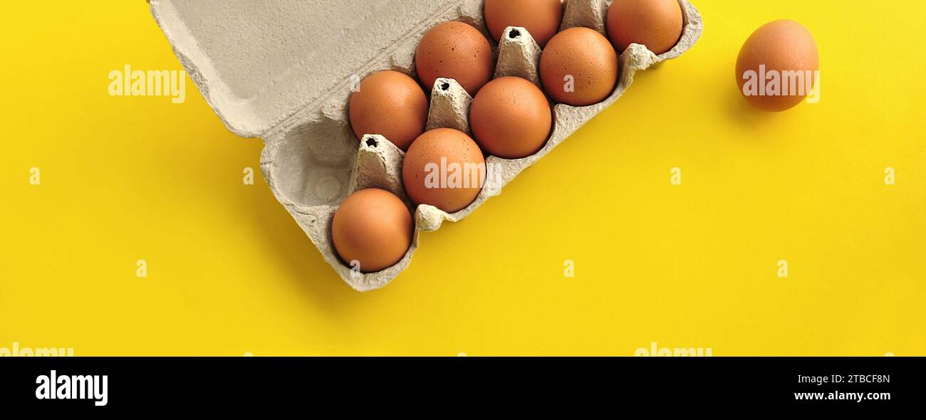 Rustic, organic brown chicken eggs in an open sustainable cardboard tray (box) on a bright, monochrome yellow background. Playful festive image Stock Photo