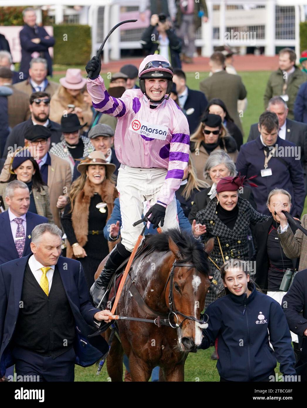 File photo dated 17-03-2023 of Harry Cobden celebrates on Stay Away Fay. Stay Away Fay snatched victory from the jaws of defeat on his chasing bow and can put the experience to good use upped to Grade Two level at Sandown. Issue date: Wednesday December 6, 2023. Stock Photo