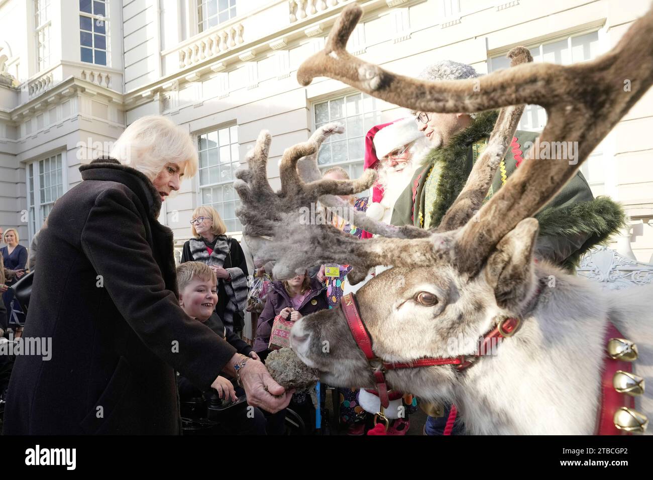Britain's Queen Camilla feeds reindeers after she invited children