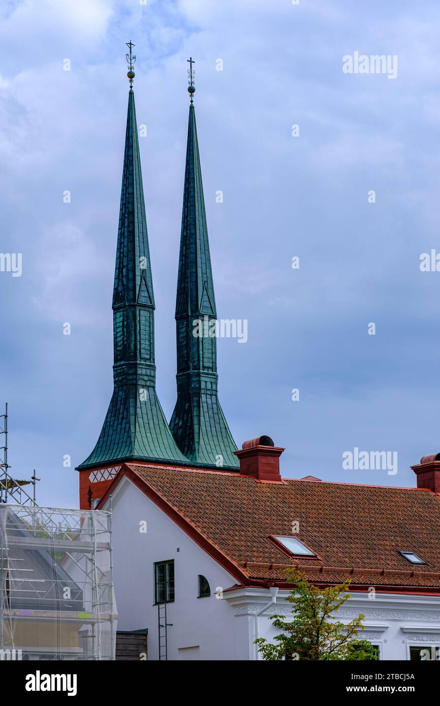 Twin towers of Växjö Cathedral, Smaland, Kronobergs län, Sweden. Stock Photo