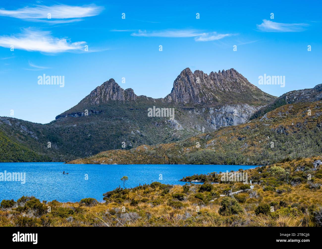 Twin peaks and the Dove Lake at the Cradle Mountain-Lake St Clair National Park, Tasmania, Australia. Stock Photo