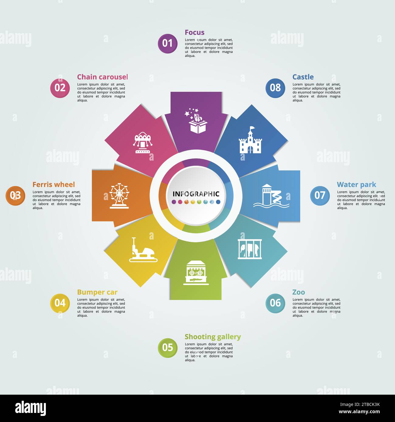 Infographics with Amusment Park theme icons, 10 steps. Such as focus ...