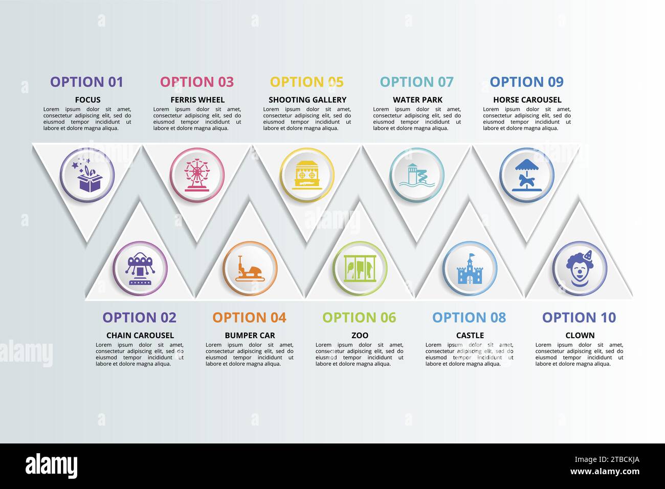 Infographics with Amusment Park theme icons, 10 steps. Such as focus ...