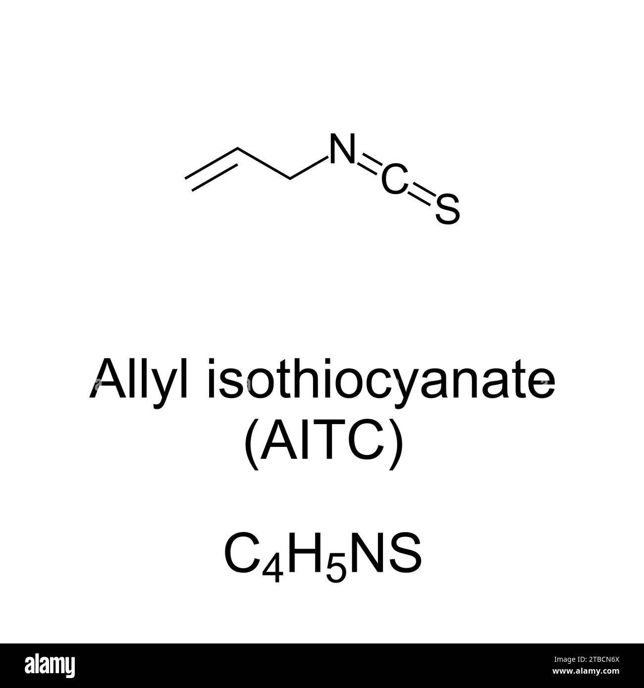 Allyl isothiocyanate, chemical formula. Responsible for pungent taste and lachrymatory effect of mustard, radish, horseradish, and wasabi. Stock Photo