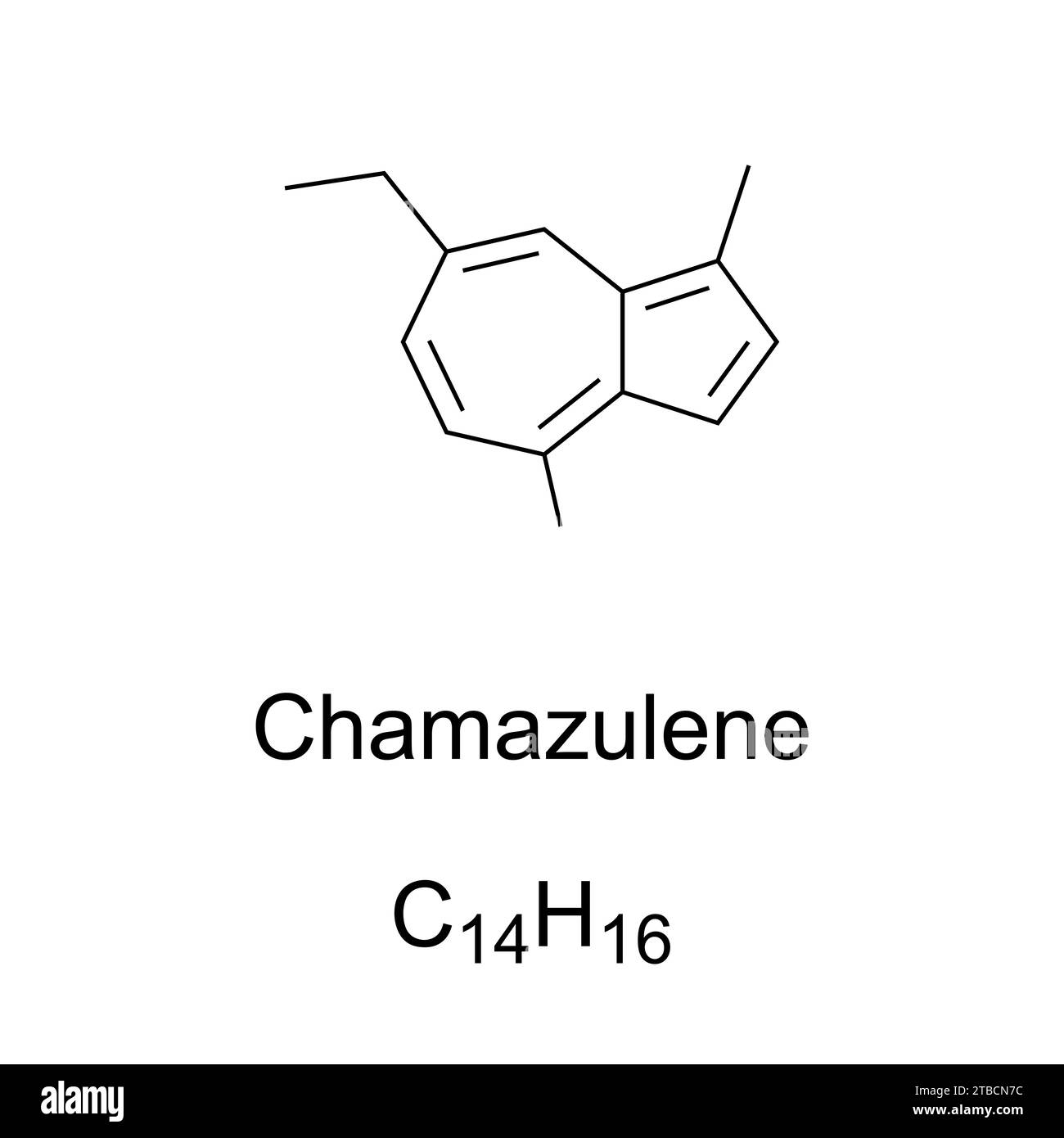Chamazulene chemical formula and structure. Organic aromatic compound and blue-violet derivative of azulene, found in chamomile, wormwood, and yarrow. Stock Photo