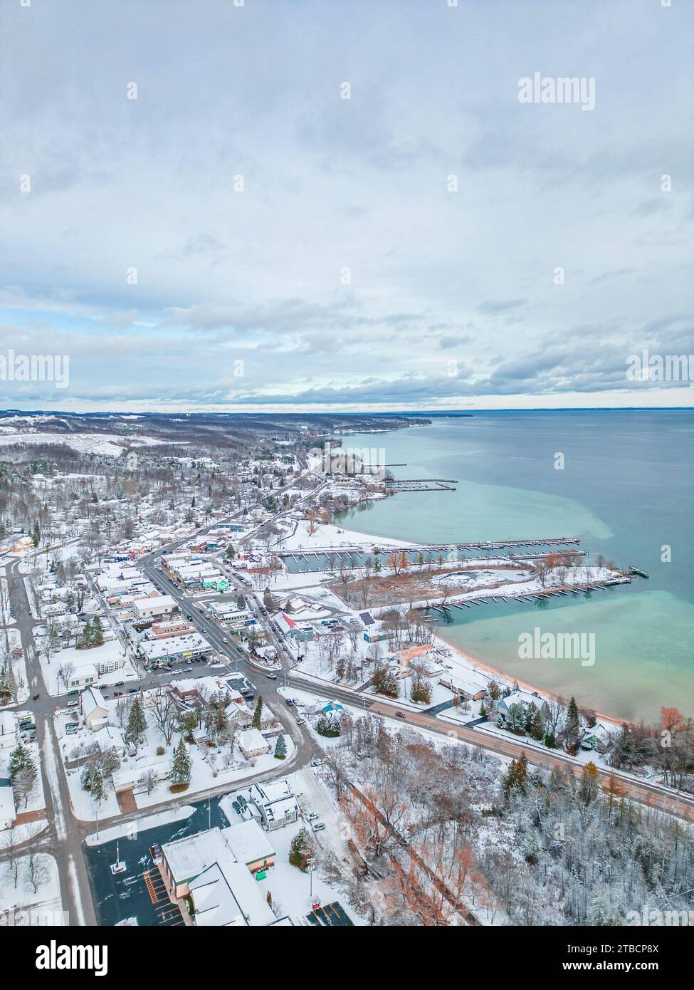 Aerial Photo of Winter in Northern Michigan's Suttons Bay Stock Photo