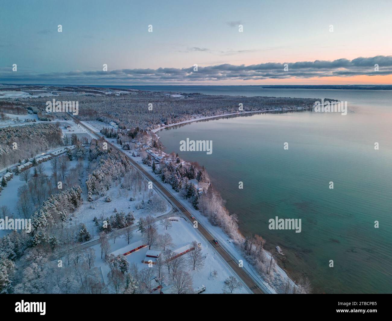Aerial Photo of Winter in Northern Michigan's Suttons Bay Stock Photo