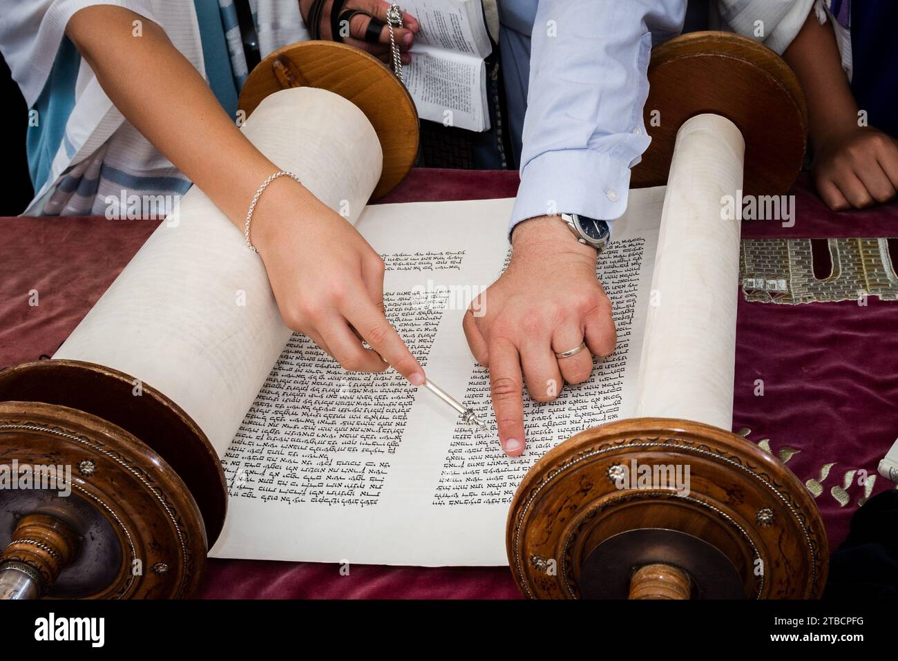 A man reading from the Torah  uses a pointer or yad to guide him through the Hebrew text. Stock Photo