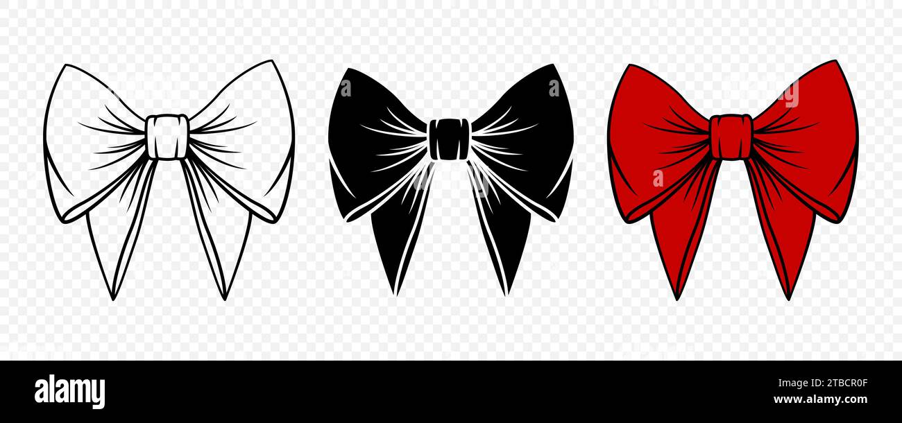Vector Cartoon Bow Tie or Gift Bow, Cut Out and with Outline Icon Set