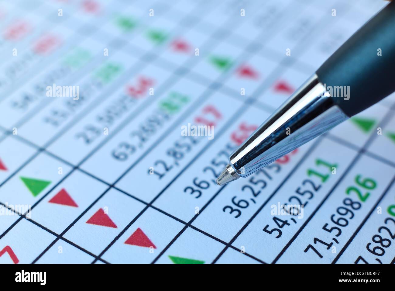 Metal pen correction stock market report with stock data. Financial analysis and business concept. Close up Stock Photo