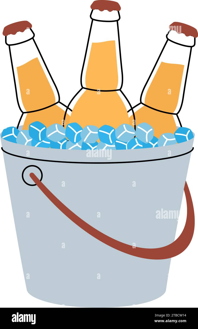 Beer bottles in a ice bucket. Beer pub product. Brewing process