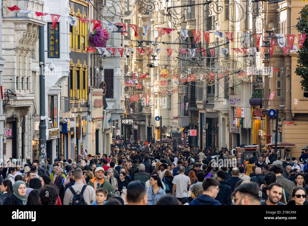 Taksim, Istanbul - Turkey November 15 2023: Crowd of people on popular walking path Taksim Istiklal street Stock Photo