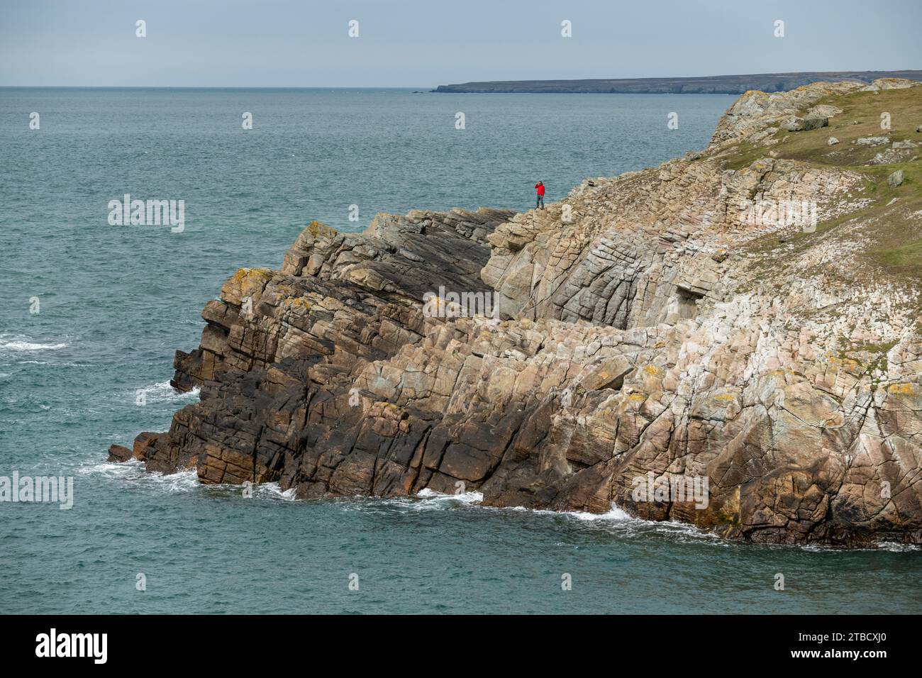 Man stood on cliffs on the rocky coast near Rhocolyn on the Wales Coast Path, Anglesey, North Wales Stock Photo