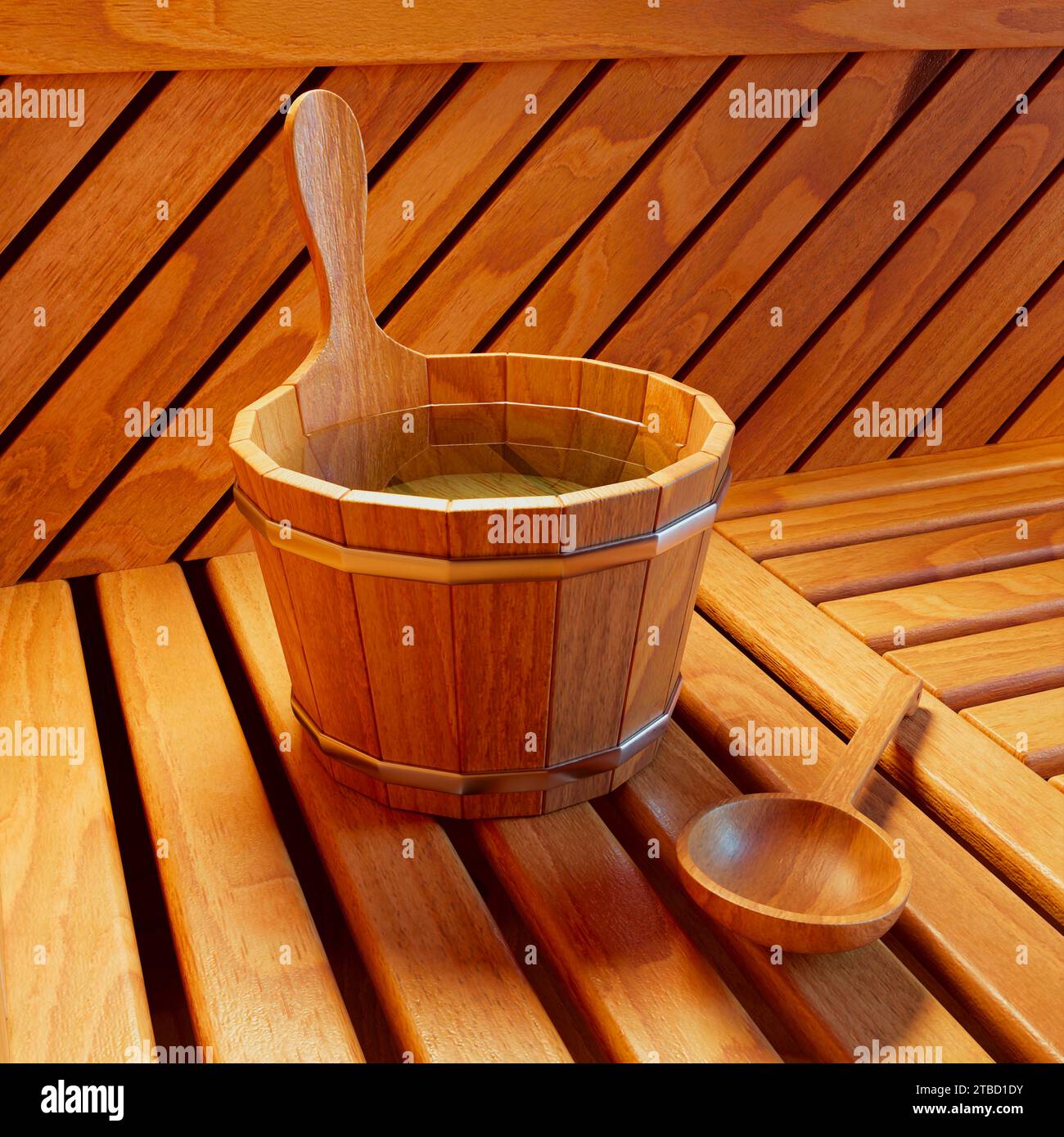 Traditional Wooden Sauna Bucket and Ladle Set on Rustic Sauna Bench