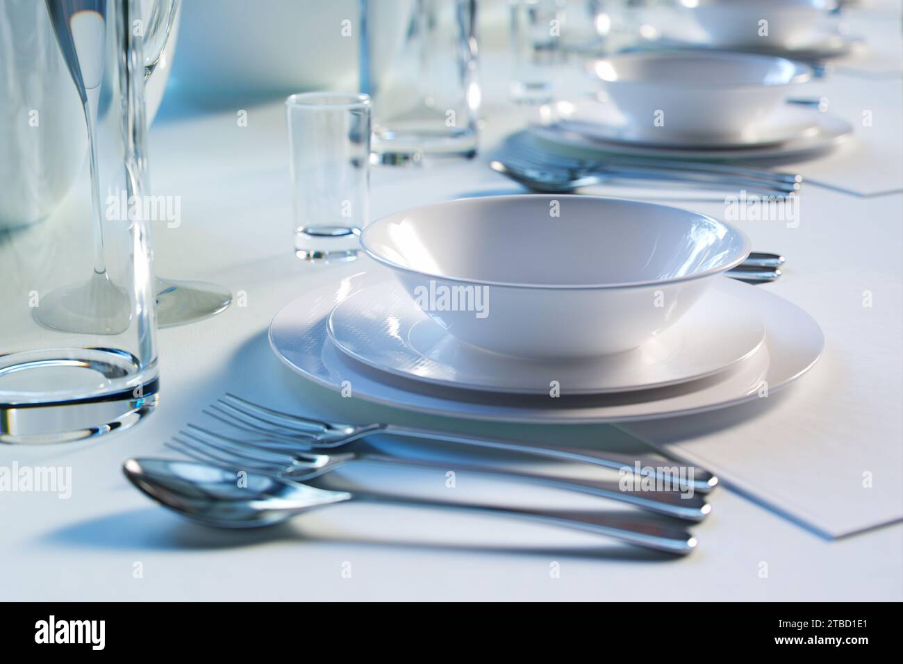 Sun-Kissed Elegant Dining Table Setting with Pristine White Dishes ...