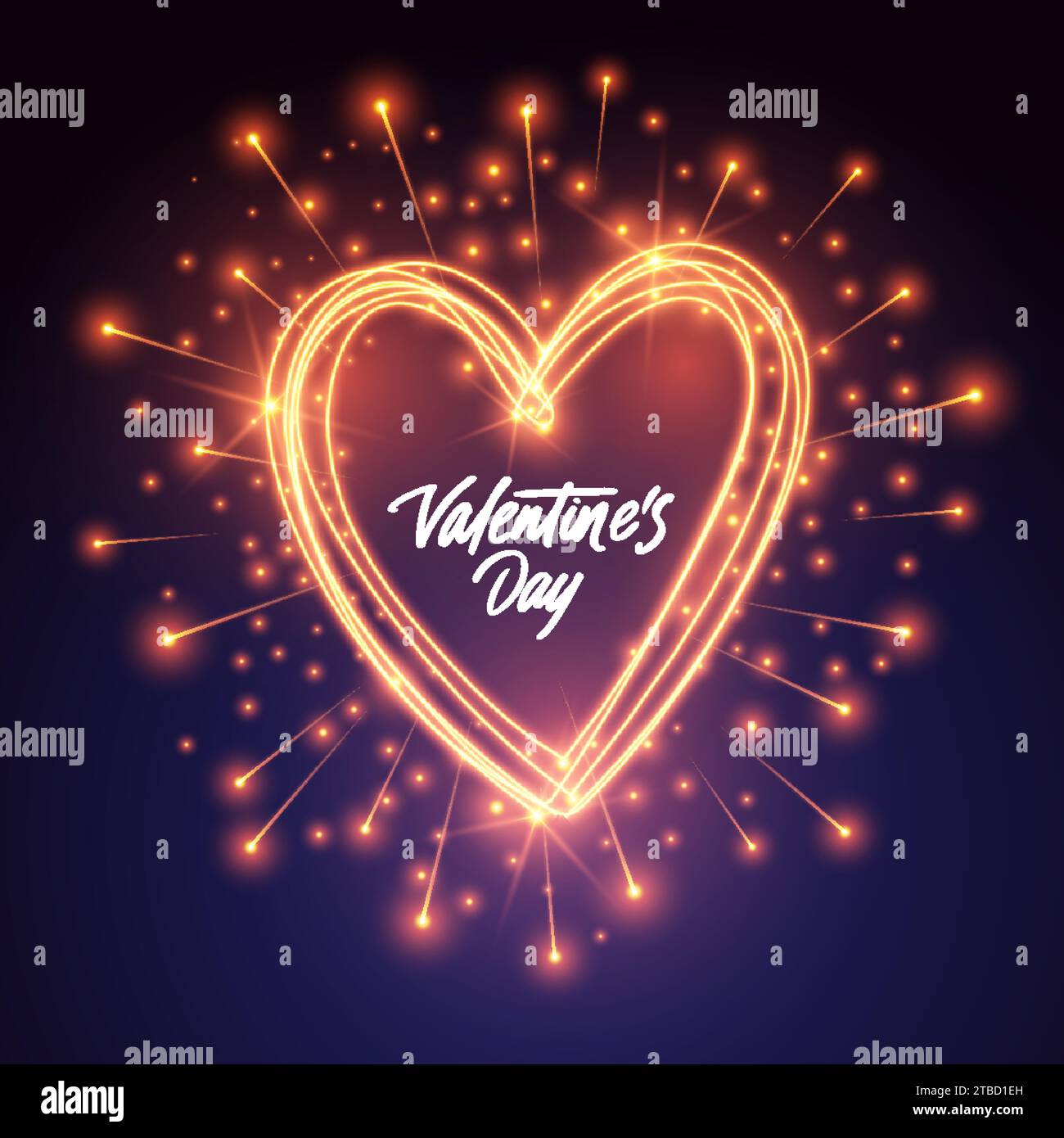 Heart shape golden fireworks lights, glow salute effect, explosion magic shine sparkles. Valentine romantic love greeting card neon fire glitter decor design element. Happy valentines day poster Stock Vector