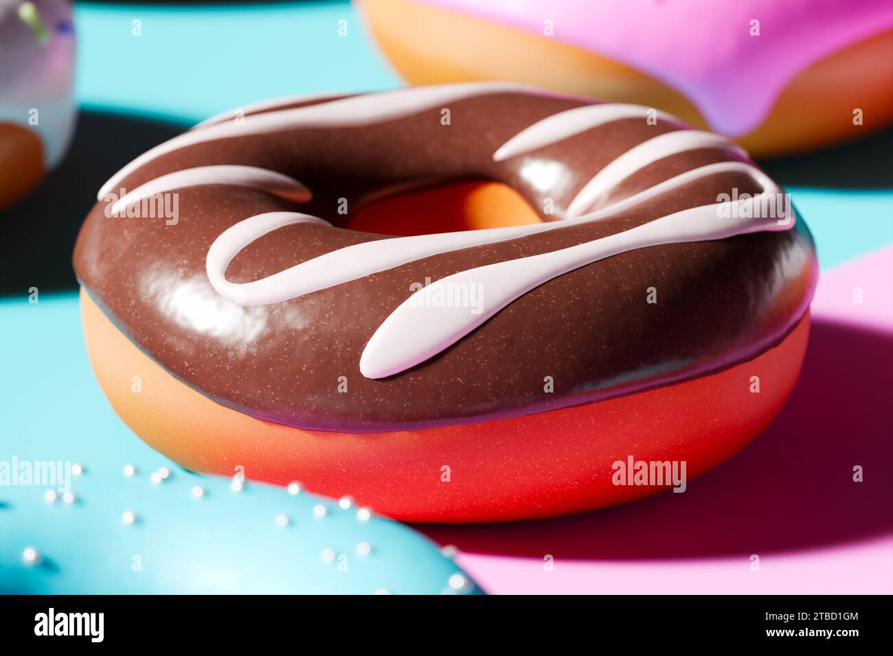 Delectable Chocolate-Frosted Doughnut Against a Vivid, Colorful Backdrop Stock Photo
