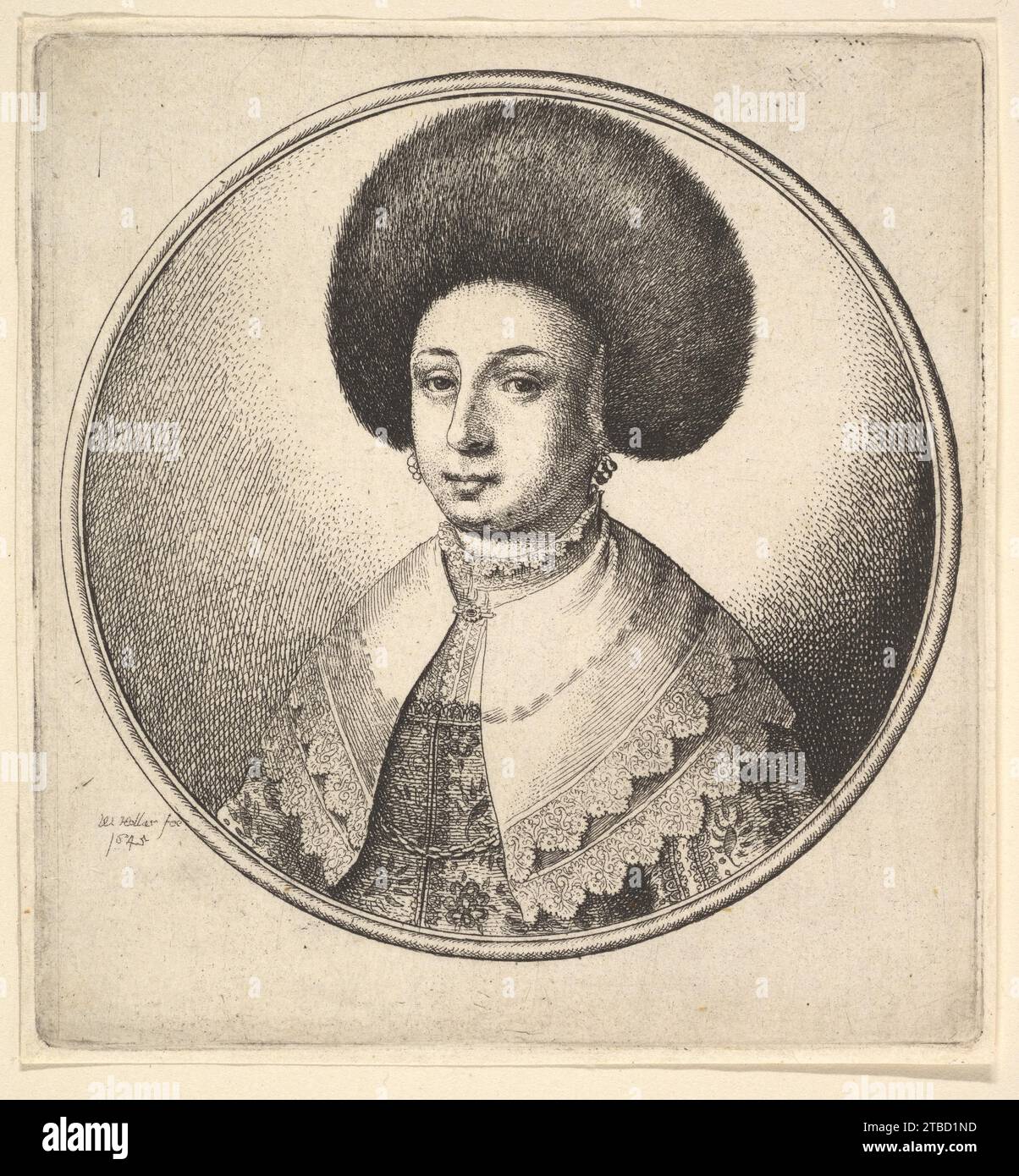 Woman with large circular fur hat and earrings 1920 by Wenceslaus Hollar Stock Photo