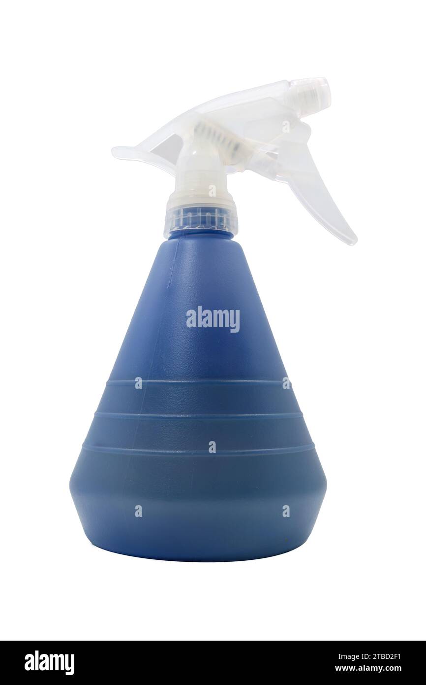 Blue plastic spray bottle side view. Isolated on white background with ...