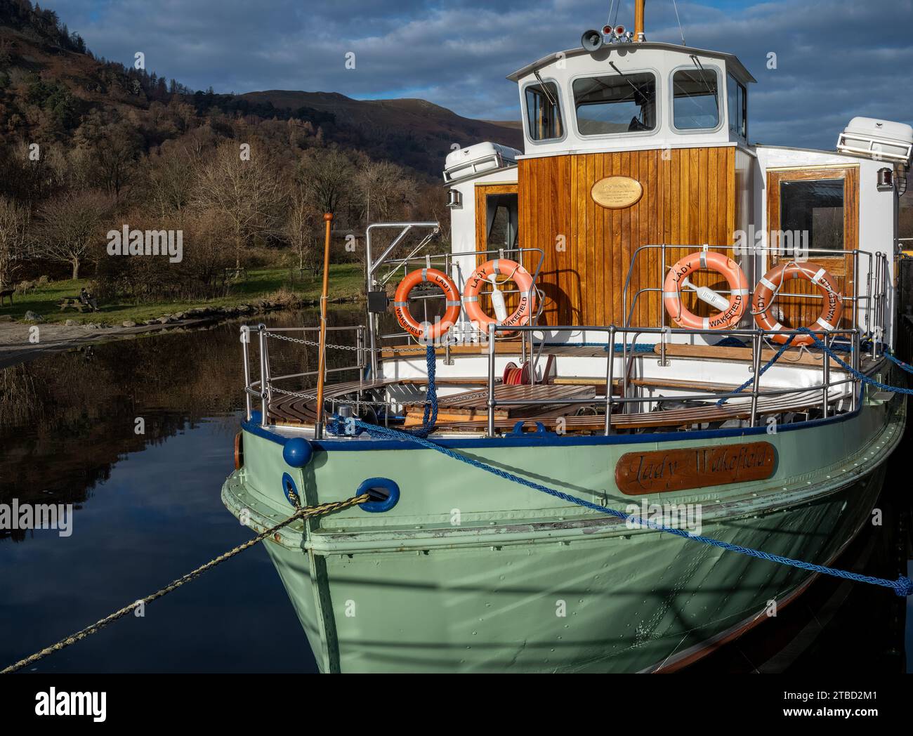 The M.V. Lady Wakefield moored at Glenridding with Lake District Eastern Fells in the background, Glenridding, Cumbria, UK Stock Photo