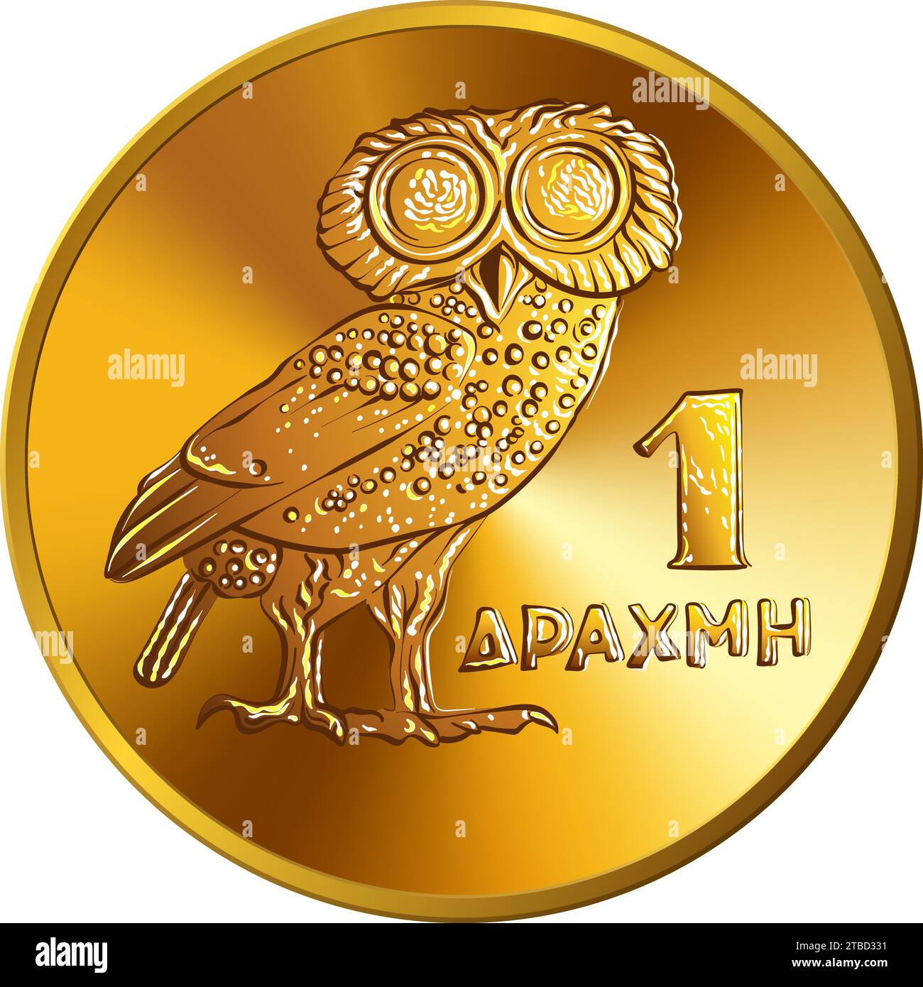 vector reverse of Greek money 1973, 1 drachma gold coin with owl, emblem of Pallas Athena Stock Vector