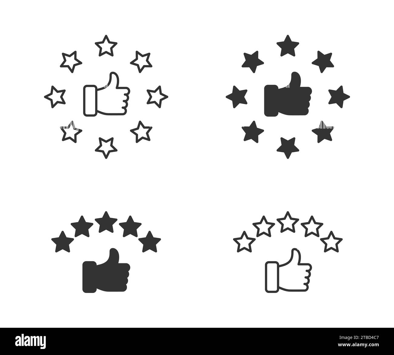Hand with thumb up and stars rating icon. Customer review rating with