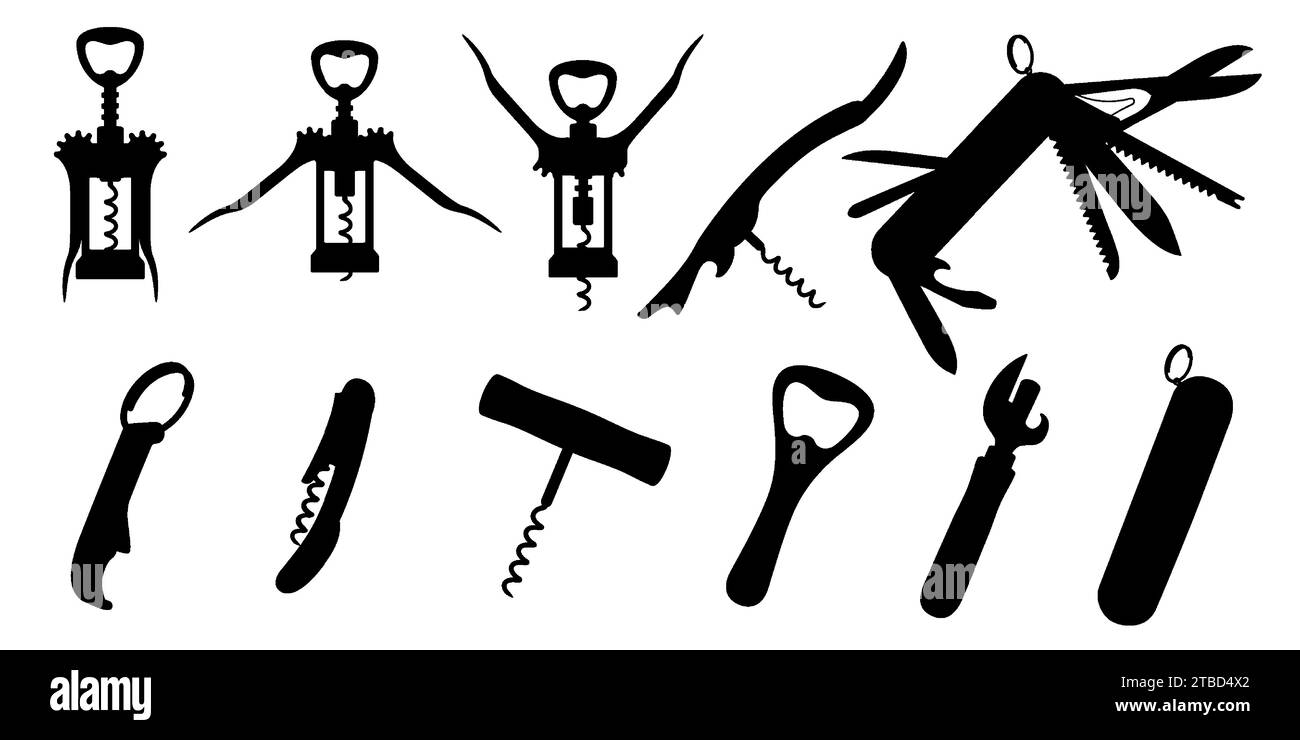 Silhouette of corkscrews and openers. Wine Bottle Opener, can opener, electronic rechargeable corkscrew, sommeliers knife with corkscrew and Swiss Arm Stock Vector