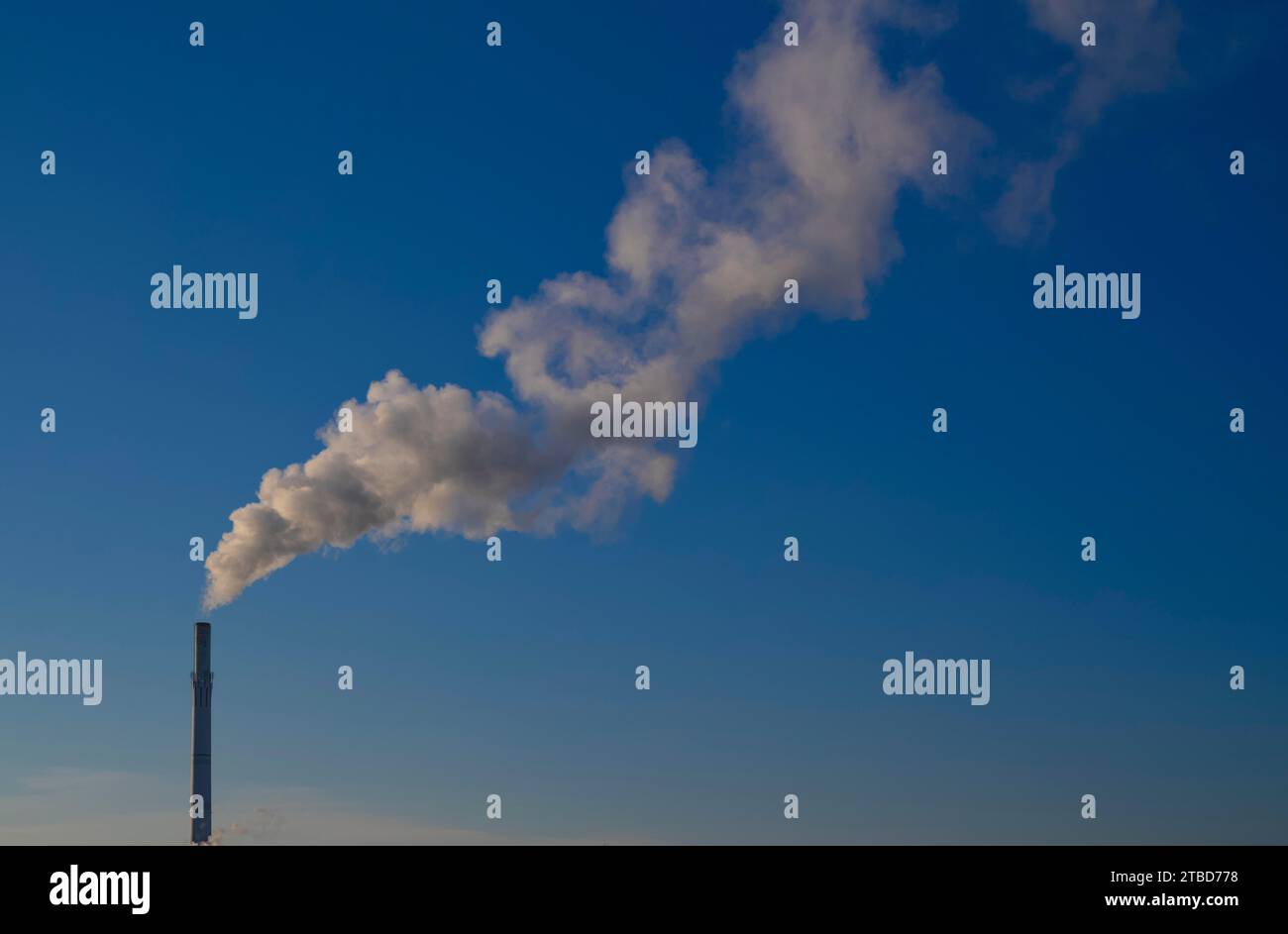Chimney, smoke, pollution, sky, blue, Stuttgart, Baden-Wuerttemberg, Germany Stock Photo