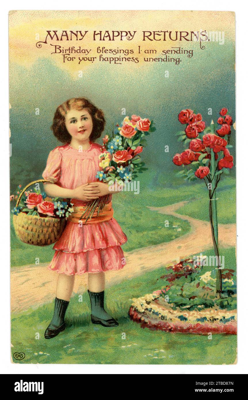 Original, charming, early 1900's pre WW1 birthday greetings postcard of a young girl holding roses in a rose garden. Postcard dated / posted  21 Jan 1913 Published by E.S. Schwerdtfeger, London, U.K. Stock Photo