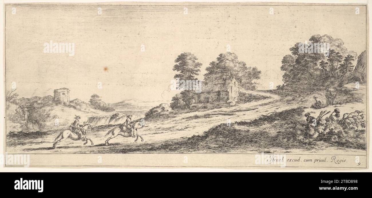 Plate 9: two horsemen at left galloping uphill towards the right, a horse and seated man to right, from 'Various landscapes' (Divers paysages) 2012 by Stefano della Bella Stock Photo